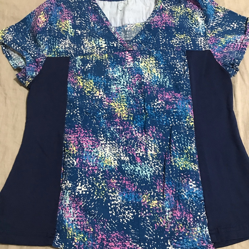 Navy blue and colorful scrub top